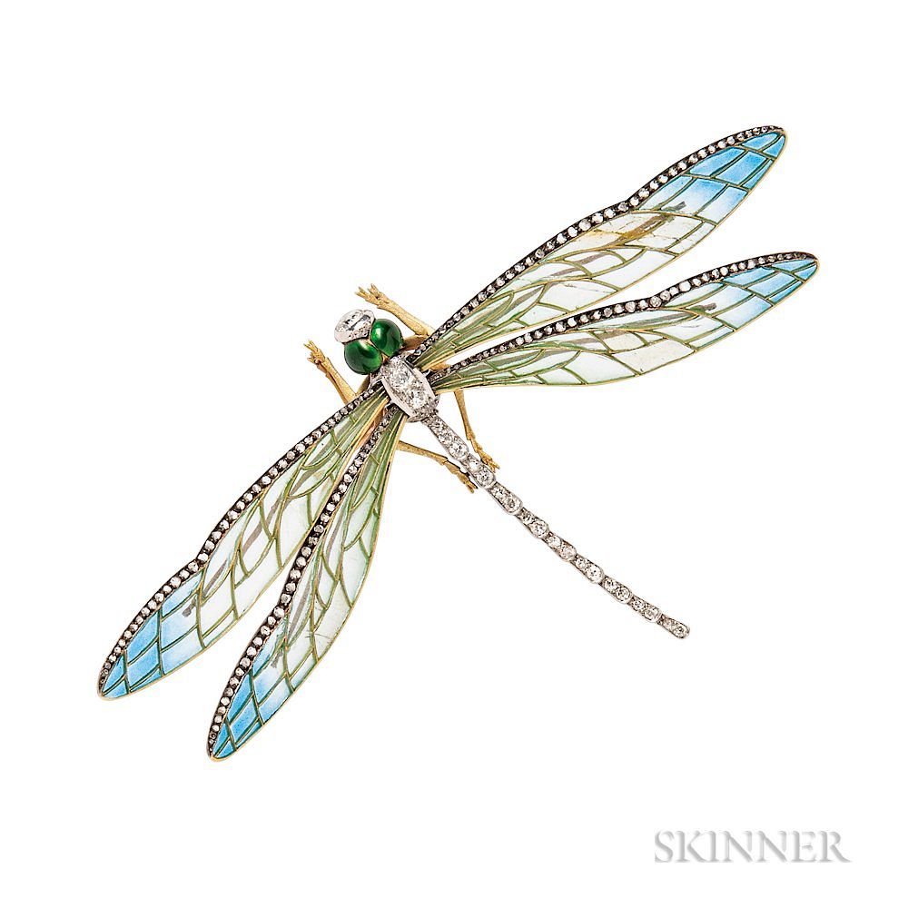 Appraisal: Art Nouveau Style Plique-a-Jour Enamel and Diamond Dragonfly Brooch Art