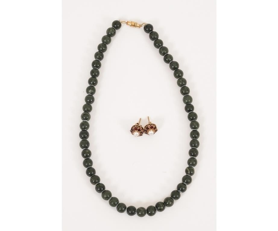 Appraisal: Chinese dark green jade necklace l and a pair of