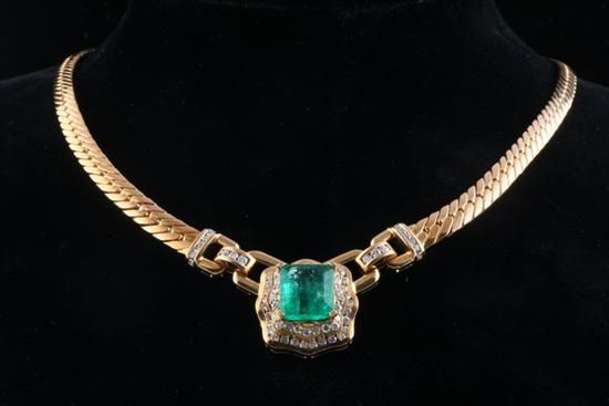 Appraisal: K YELLOW GOLD EMERALD AND DIAMOND CHOKER Prong-set emerald-cut emeral