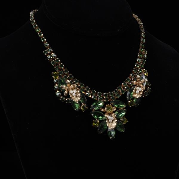 Appraisal: Weiss Gilt Floral Jeweleed Necklace with Emerald Green Rhinestones Seed