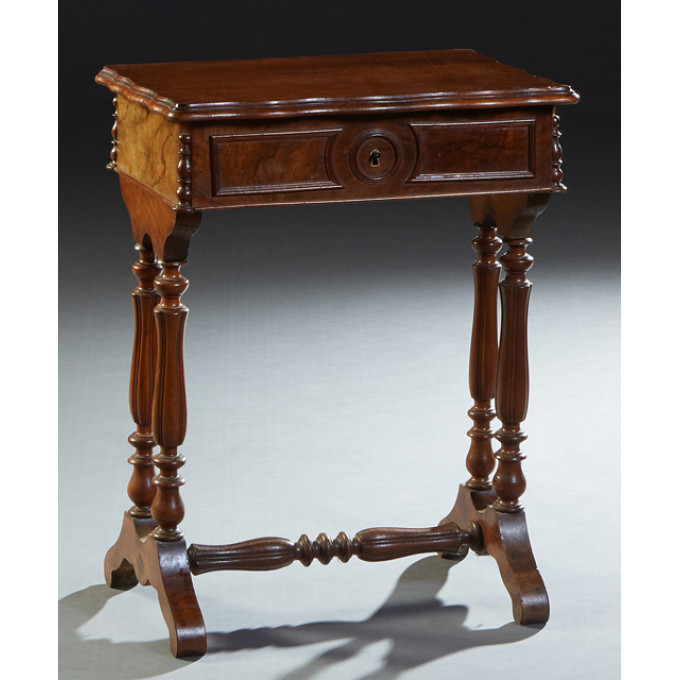 Appraisal: French Carved Cherry Work Table c the stepped shaped lid