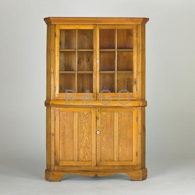 Appraisal: CORNER CUPBOARD th c Pine oak glass and porcelain pulls