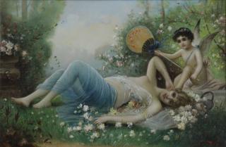 Appraisal: TORETTI Pietro Oil on Canvas Reclining Beauty with Putto Signed