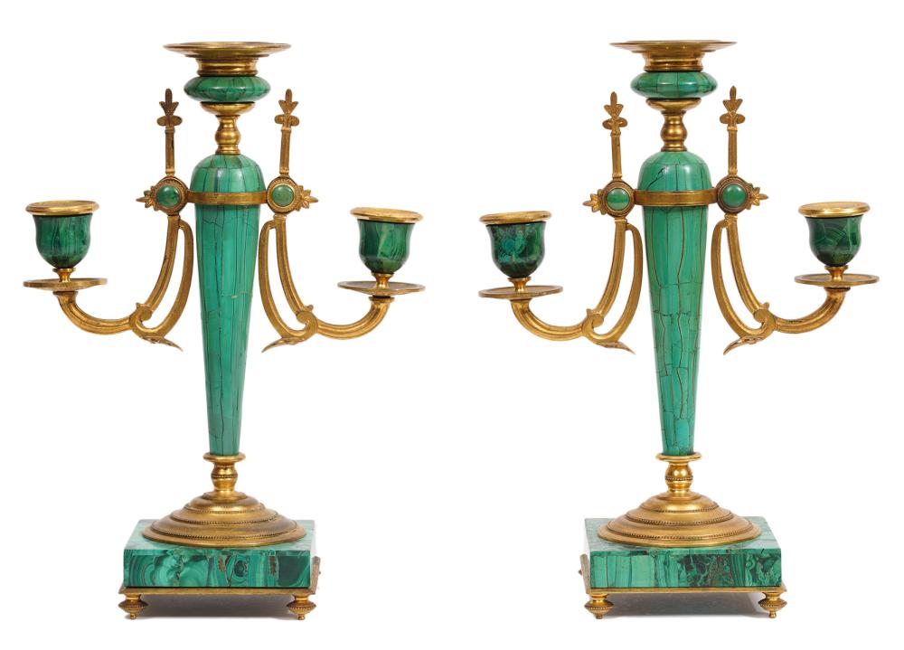 Appraisal: TH CT PR MALACHITE AND GILT BRONZE CANDELABRASPair of continental