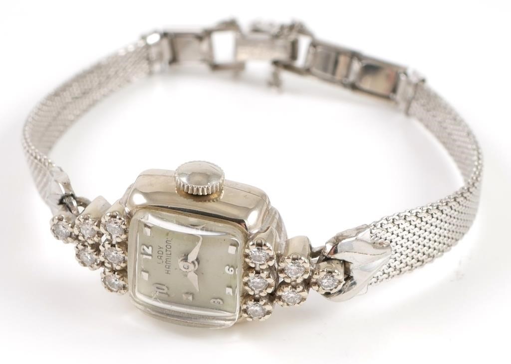 Appraisal: K white gold Lady Hamilton watch contains round brilliant cut