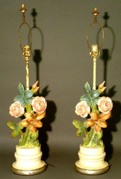 Appraisal: Pair of plaster floral lamps signed F Bolk h