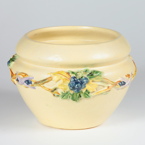 Appraisal: Rare ROSEVILLE Experimental jardiniere decorated with colorful hand-carved grape leaves