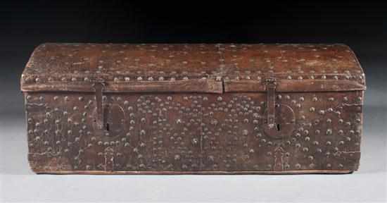 Appraisal: Continental leather brass studded trunk th century with wrought iron