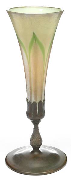 Appraisal: A Tiffany Studios decorated Favrile glass and bronze Trumpet vase