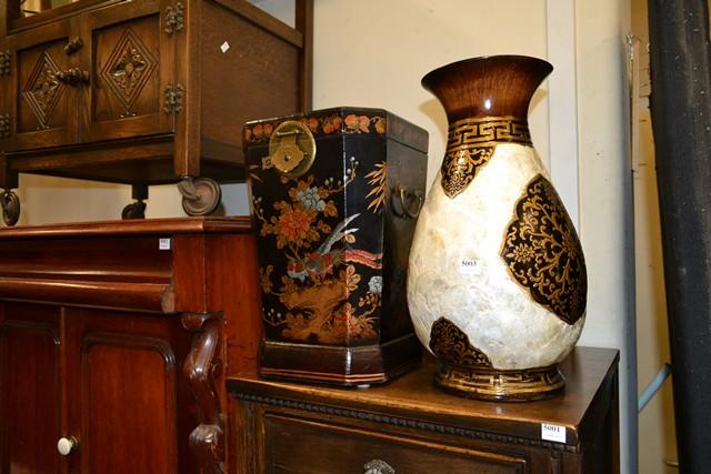 Appraisal: A LACQUERED ORIENTAL BIN AND THREE ASSORTED VASES A LACQUERED