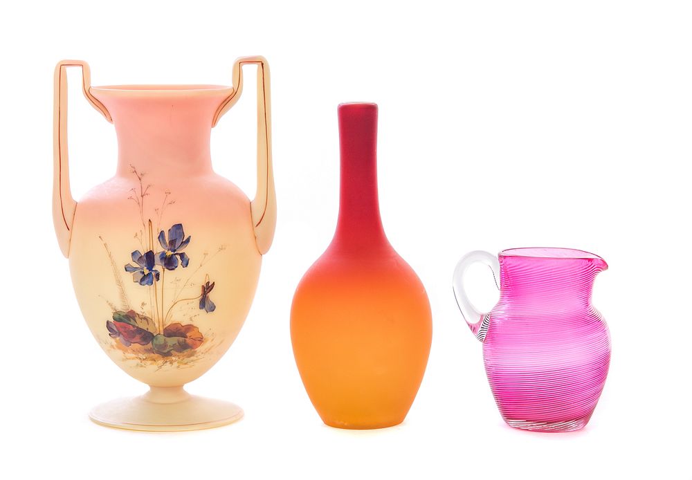 Appraisal: Wheeling Peachblow Burmese and Ruby Art Glass Vases Wheeling Peachblow