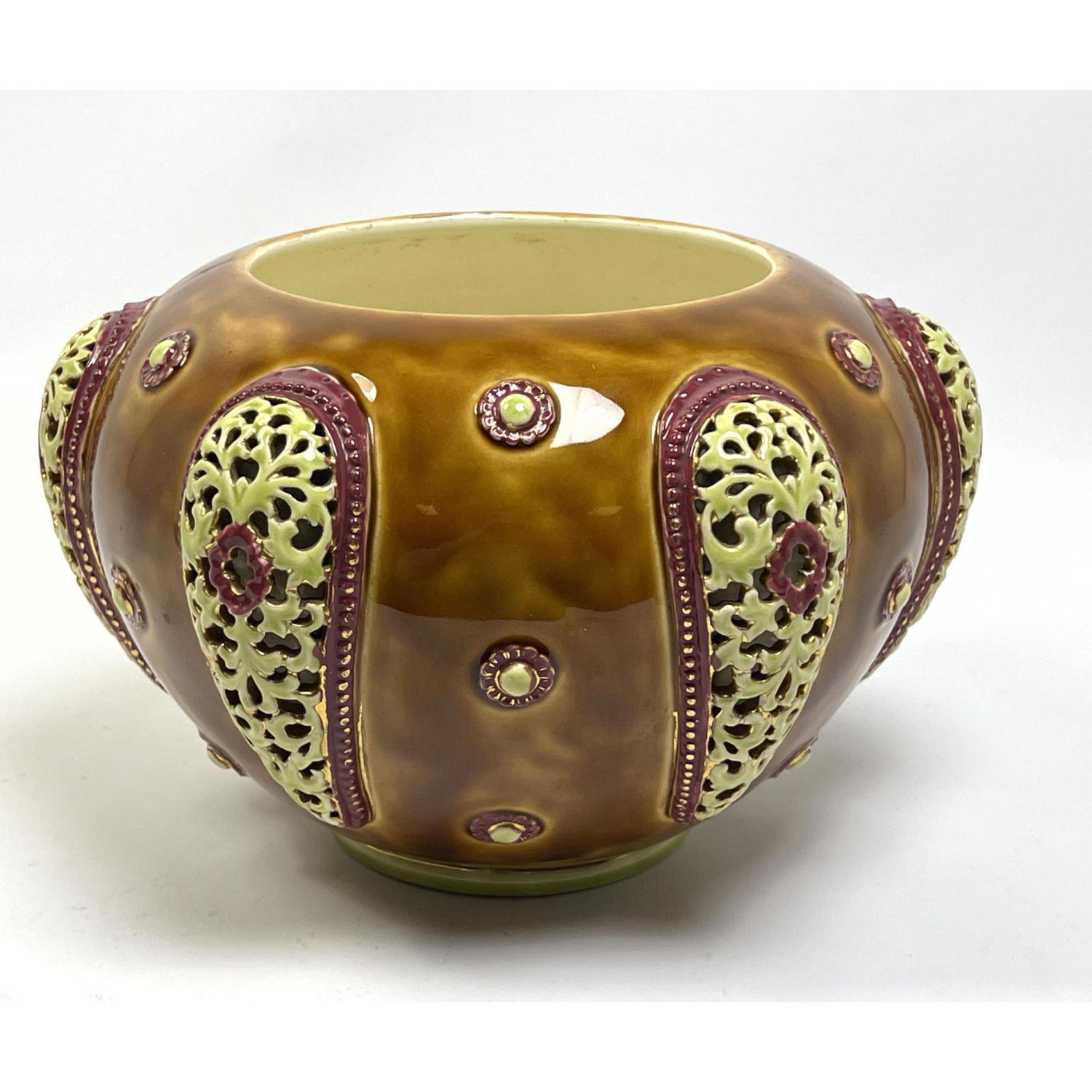 Appraisal: ZSOLNAY FISCHER Reticulated Jardiniere Planter Tortoise glaze body with pierced