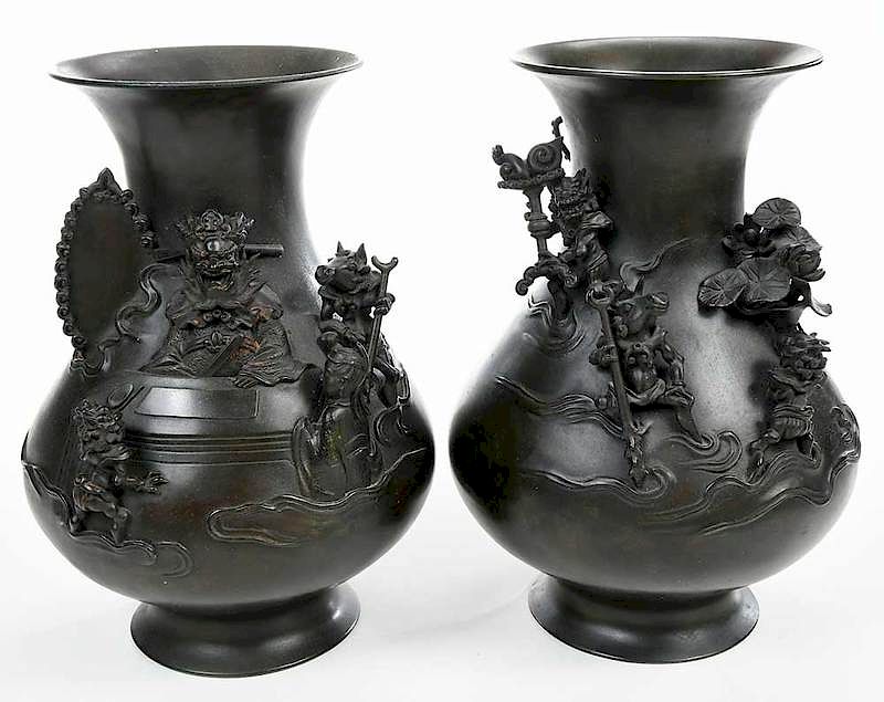 Appraisal: Two Similar Chinese Bronze High Relief Vases late th early