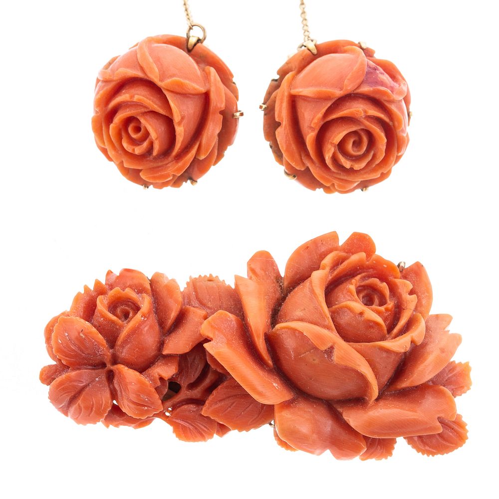 Appraisal: A Carved Coral Pin Matching Earrings in K K yellow