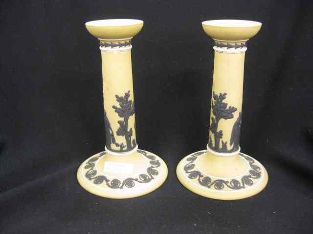 Appraisal: Pair of Wedgwood Jasperware Candlesticks unusual black on mustard yellow