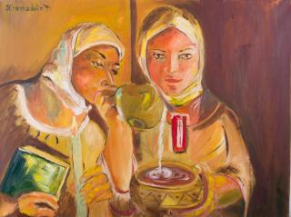 Appraisal: K Dzhaffarov Kazak Women Portrait Oil on Canvas Kheyradolin Dzhaffarov