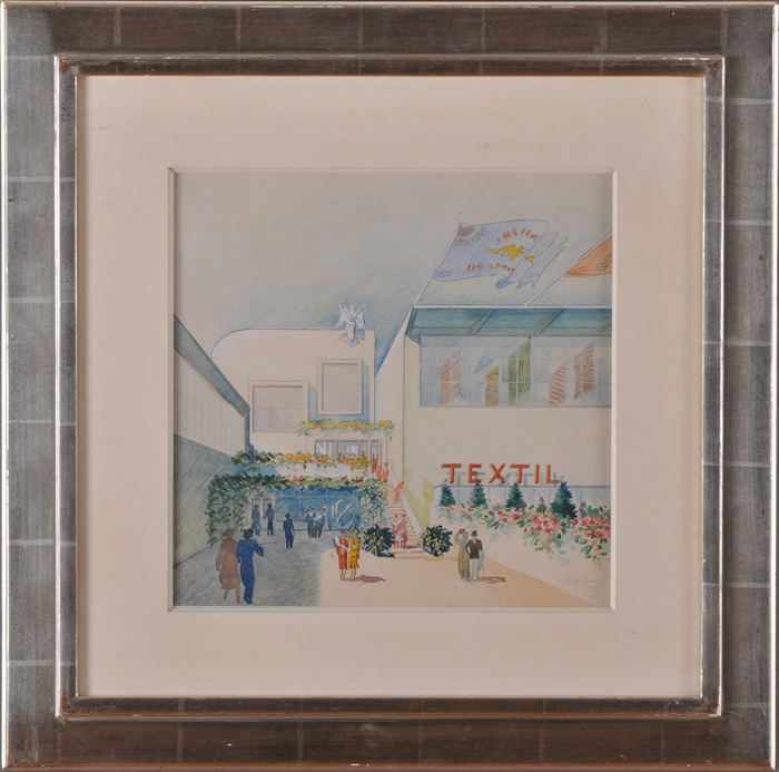 Appraisal: EUROPEAN SCHOOL MODERNIST BUILDING WITH FIGURES Watercolor and mixed media