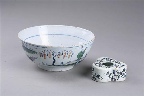 Appraisal: DELFT BOWL AND INKWELL Holland th-century bowl with polychrome Asian