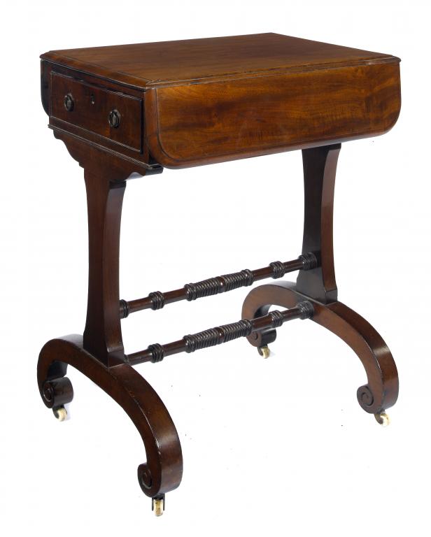 Appraisal: A GEORGE IV MAHOGANY WORK-TABLE the swivelling drop-leaf top with