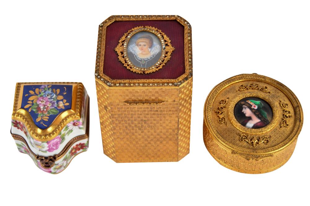 Appraisal: THREE ENAMELED BOXEScomprising one Limoges miniature tantalus box with three