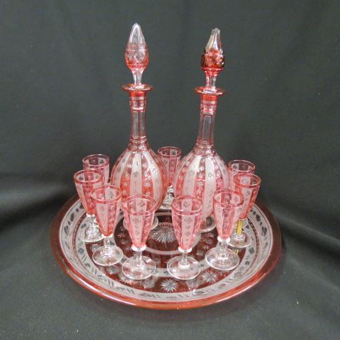 Appraisal: Hawkes Cranberry Cut-to-Clear Cut GlassLiquor Set signed pair of diameters