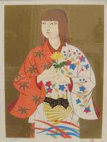 Appraisal: A Japanese lithograph of a girl holding a yellow daisy