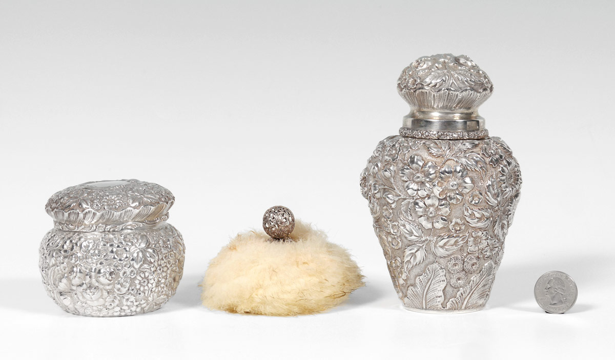 Appraisal: PIECE STIEFF STERLING REPOUSSE DRESSER JARS pieces in similar but