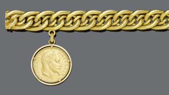 Appraisal: GOLD BRACELET WITH COIN PENDANT Yellow gold g Casual-elegant twin