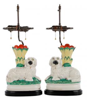 Appraisal: Pair Staffordshire Spaniel Vases Mounted as Lamps British late th