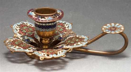 Appraisal: Russian champleve chamberstick second half- th century reticulated floral-form champleve