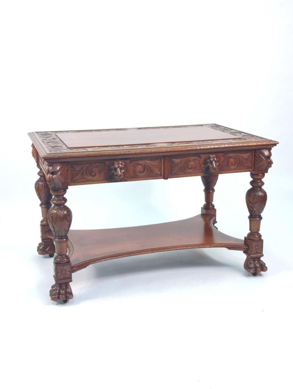 Appraisal: ANTIQUE JACOBEAN STYLE ENGLISH CARVED OAK PARTNERS' DESK LIBRARY TABLE