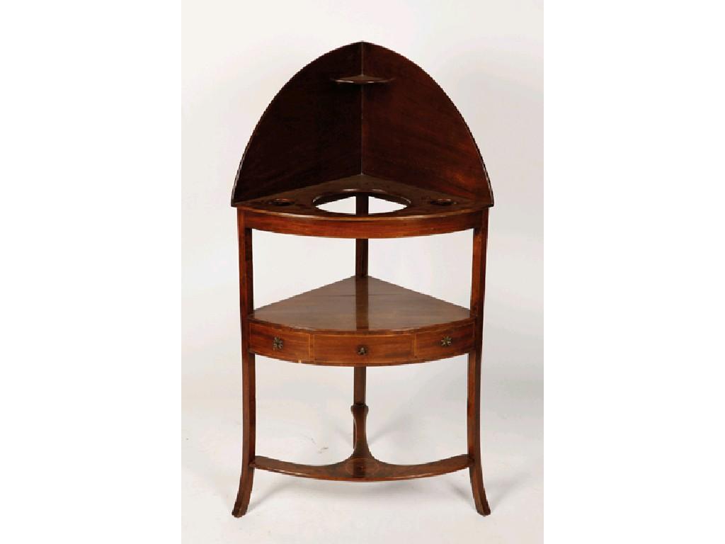 Appraisal: A GEORGE III MAHOGANY CORNER WASHSTAND with a raised superstructure