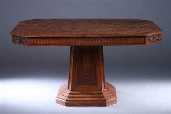 Appraisal: ART DECO PARQUETRY-INLAID WALNUT EXPANDING PEDESTAL DINING TABLE early th