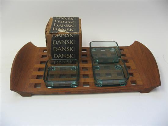 Appraisal: Dansk Teak Tray with blue insert glass serving bowls Items