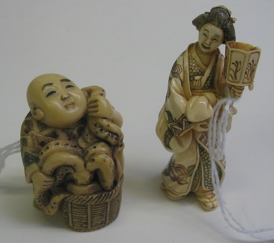 Appraisal: TWO ASIAN IVORY NETSUKE both polychromed and signed One a