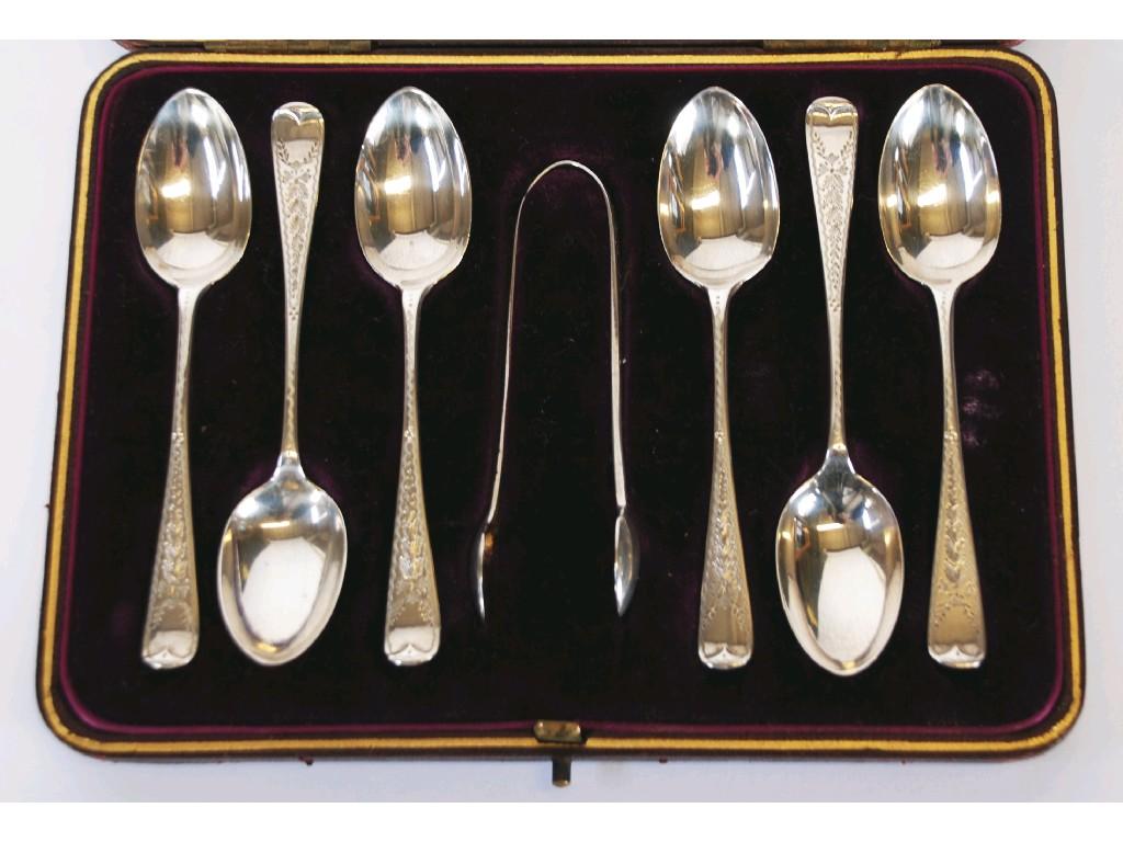 Appraisal: SET OF SIX VICTORIAN SILVER TEASPOONS AND MATCHING SUGAR TONGS