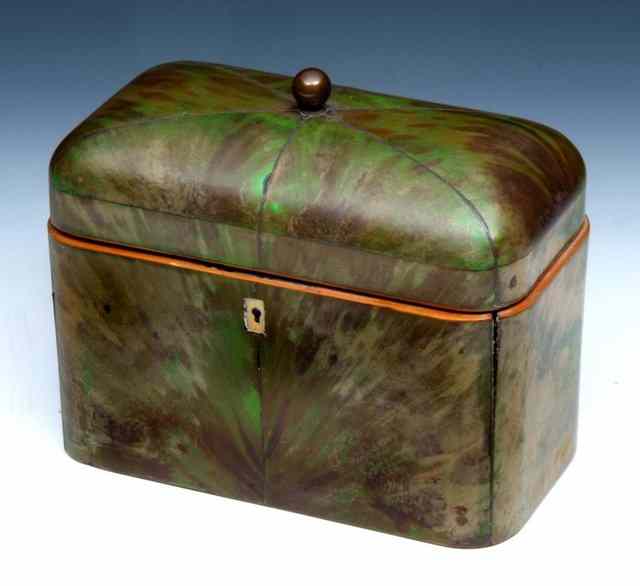 Appraisal: A GEORGE III GREEN STAINED TORTOISESHELL TEA CADDY having a