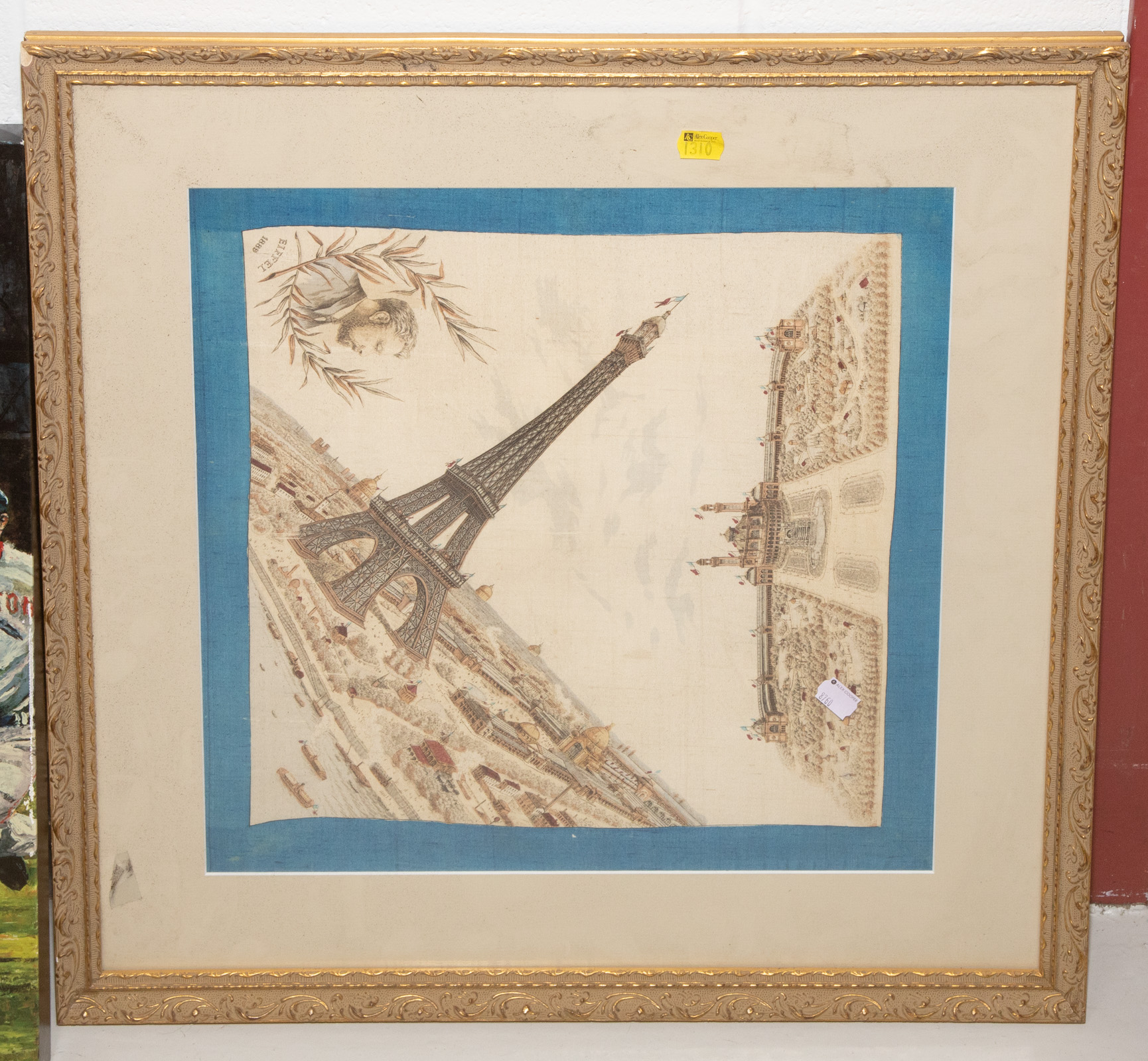 Appraisal: FRAMED FRENCH SOUVENIR HANDKERCHIEF PARIS Color-printed silk souvenir of the