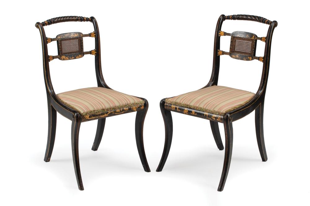 Appraisal: Pair of Antique Regency-Style Chinoiserie Lacquered Side Chairs rope-turned crest