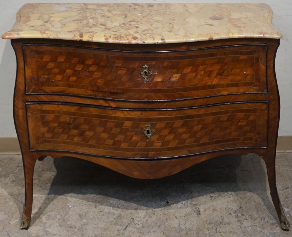 Appraisal: Louis XV Style Parquetry Burlwood and Fruitwood Marble Top Commode