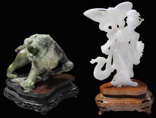 Appraisal: Two Chinese Carved Jadeite and Hardstone Figural Groups th century