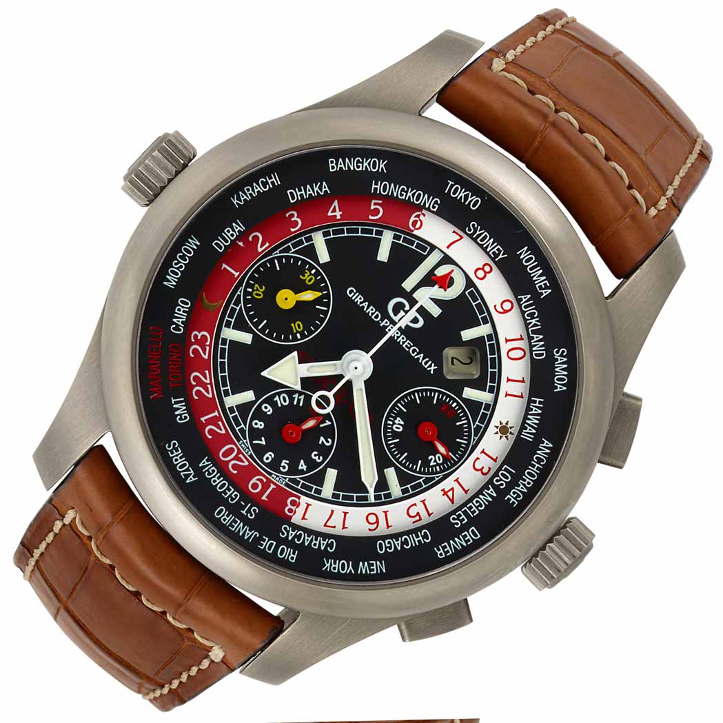 Appraisal: Gentleman's Titanium Chronograph World-Time Wristwatch Girard-Perregaux GMT Ferrari model automatic