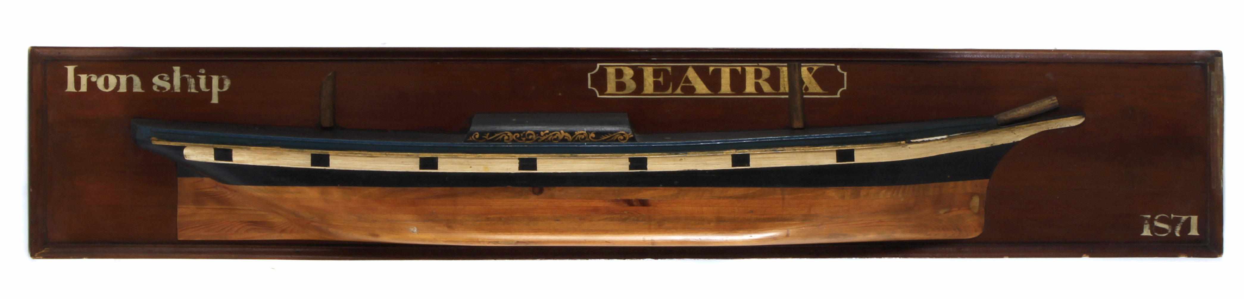 Appraisal: A mahogany half hull model of the ship Beatrix Dated