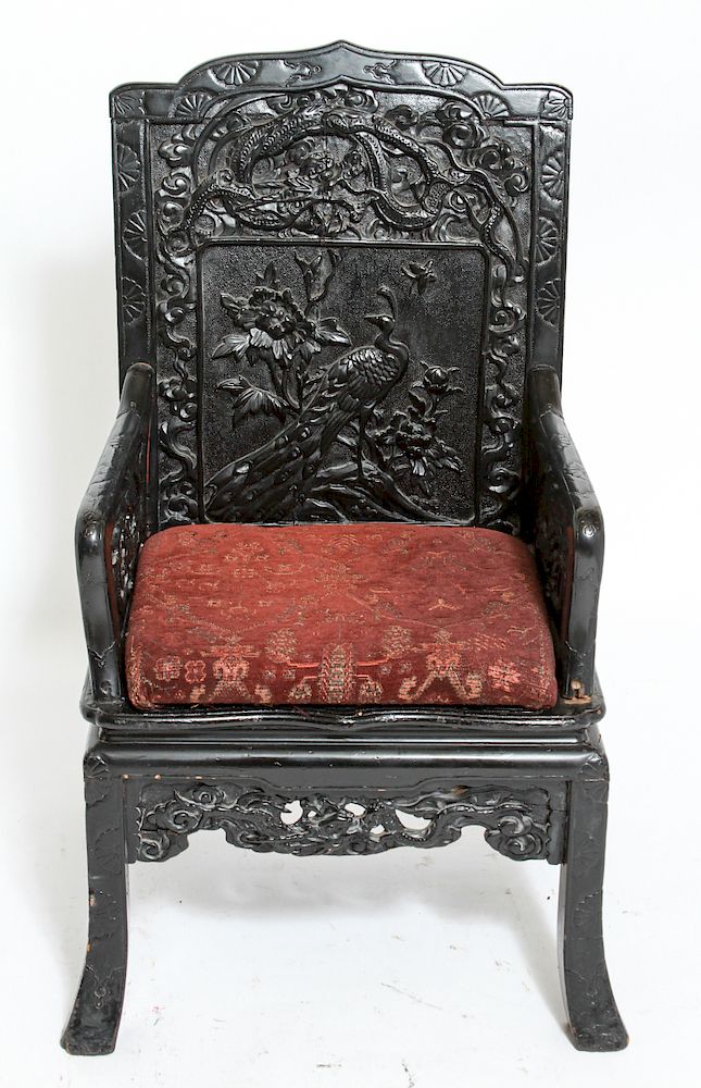 Appraisal: Chinese Ebonized Side Chair Armchair w Dragons Chinese ebonized side