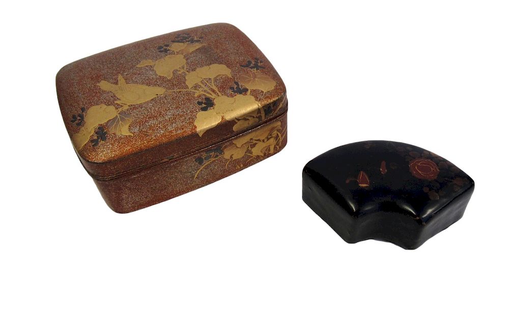 Appraisal: Small Meiji Hiramaki-e Tebako together with Ikkanbari Fan-Shaped Box The