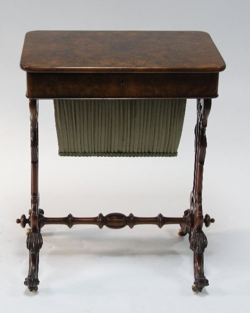 Appraisal: A Victorian burr walnut work table the hinged cover with