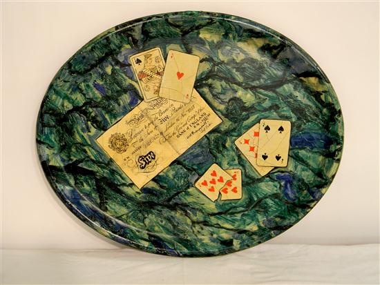 Appraisal: Tromp l'oeil decorated oval papier mache painted tray playing cards