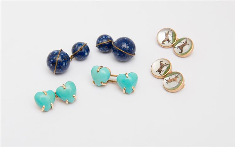 Appraisal: THREE PAIRS OF CUFFLINKS Comprising a gold and simulated turquoise