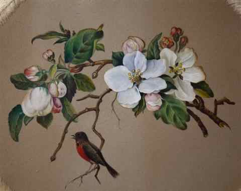 Appraisal: VICTORIAN STILL LIFE WITH ROBIN Watercolor on paper x in