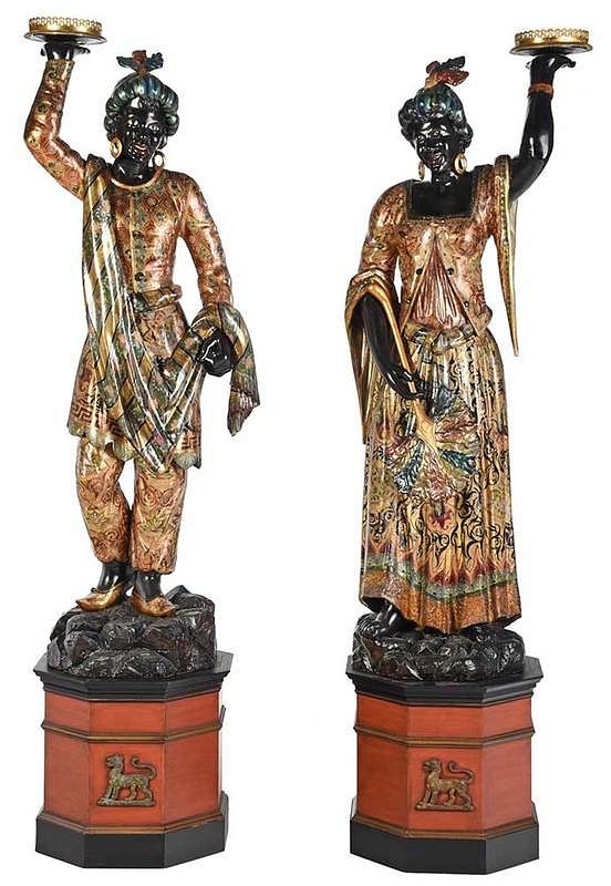 Appraisal: Pair of Venetian Blackamoor Figures on Pedestals Italian late th